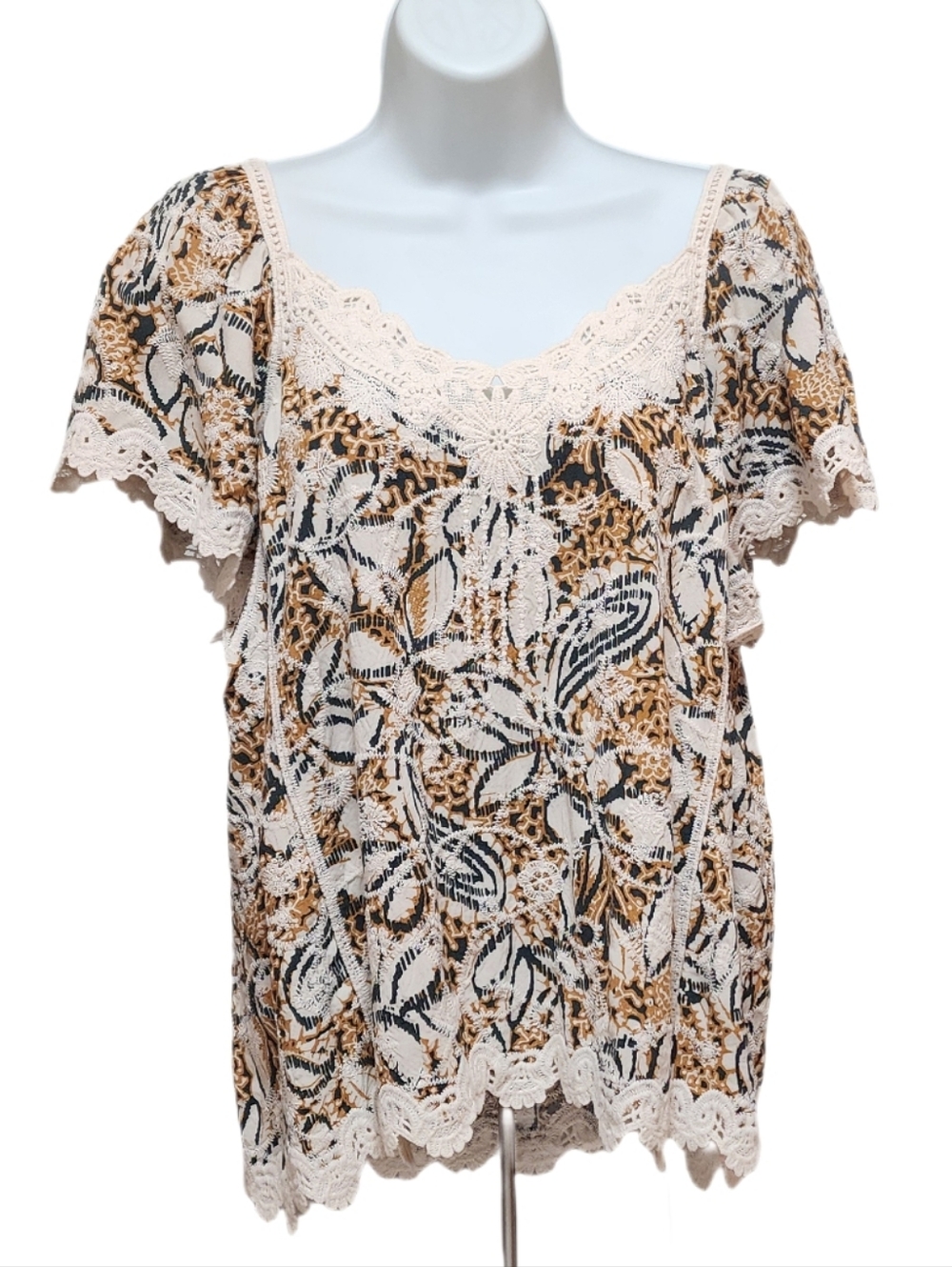 Democracy Lace Trim Crochet Floral Embroidered Top Flutter Sleeves Brown Multi M
